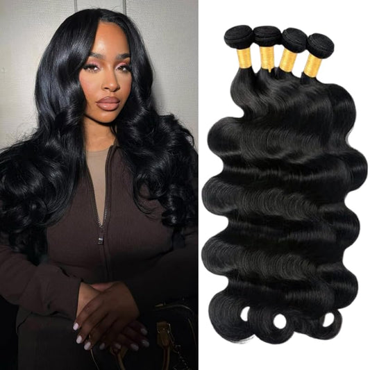 Human Hair Bundles 14 14 16 16 Inch Body Wave Bundles Human Hair 100% Unprocessed Brazilian Virgin Body Wave 3 Bundles Human Hair Extensions for Black Women Natural Black