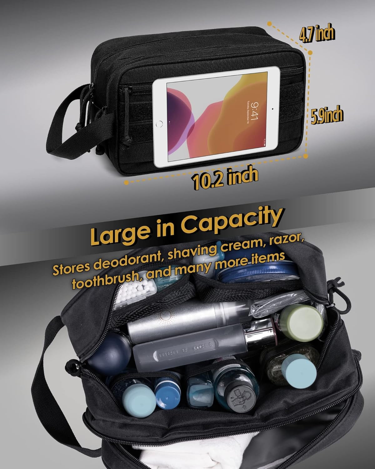 Toiletry Bag for Men - Tactical Dopp Kit for Travel, Black | Dry Wet Separate, Travel Toiletry Bag for Adults, Women, Grooming Gear, Camping, Gym and Travel Kits, Grooming Kits