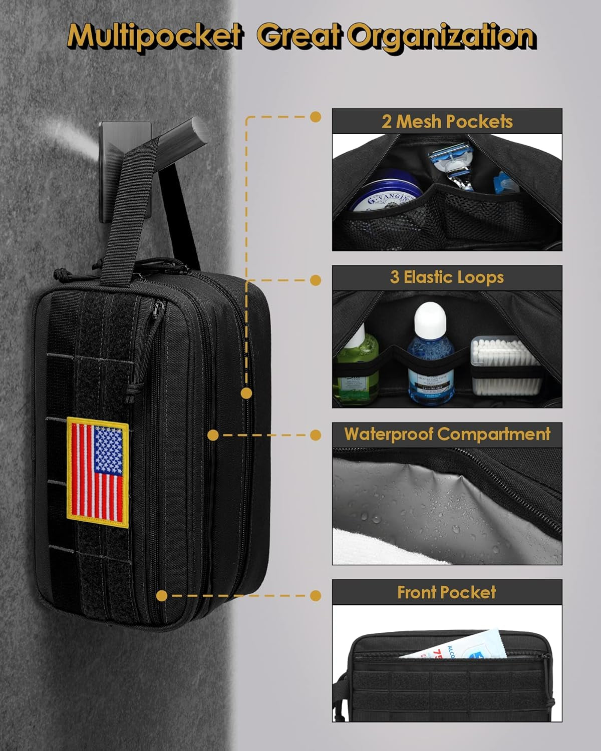 Toiletry Bag for Men - Tactical Dopp Kit for Travel, Black | Dry Wet Separate, Travel Toiletry Bag for Adults, Women, Grooming Gear, Camping, Gym and Travel Kits, Grooming Kits