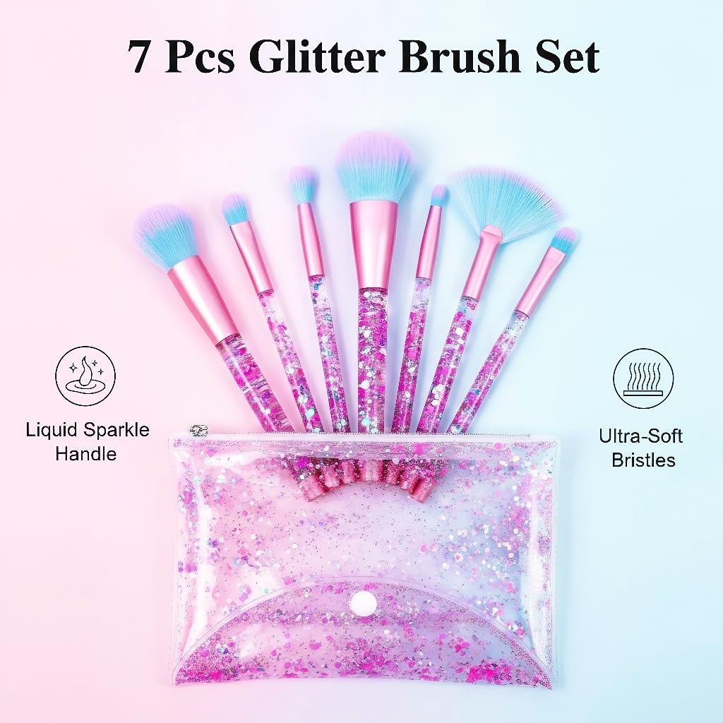 Unicorn Fan Makeup Brush Set,Crystal Sparkles Blue Blush Powder Fan Lip Eye Shadow Eyebrow Eye Blender Brush in Set