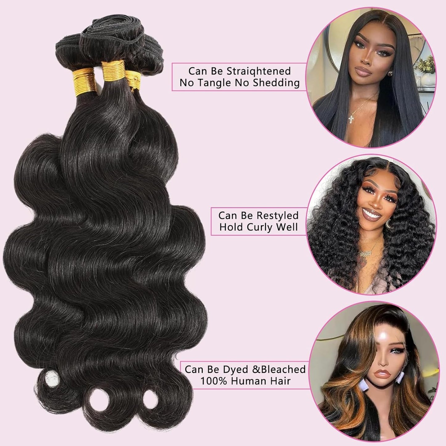 Human Hair Bundles 14 14 16 16 Inch Body Wave Bundles Human Hair 100% Unprocessed Brazilian Virgin Body Wave 3 Bundles Human Hair Extensions for Black Women Natural Black