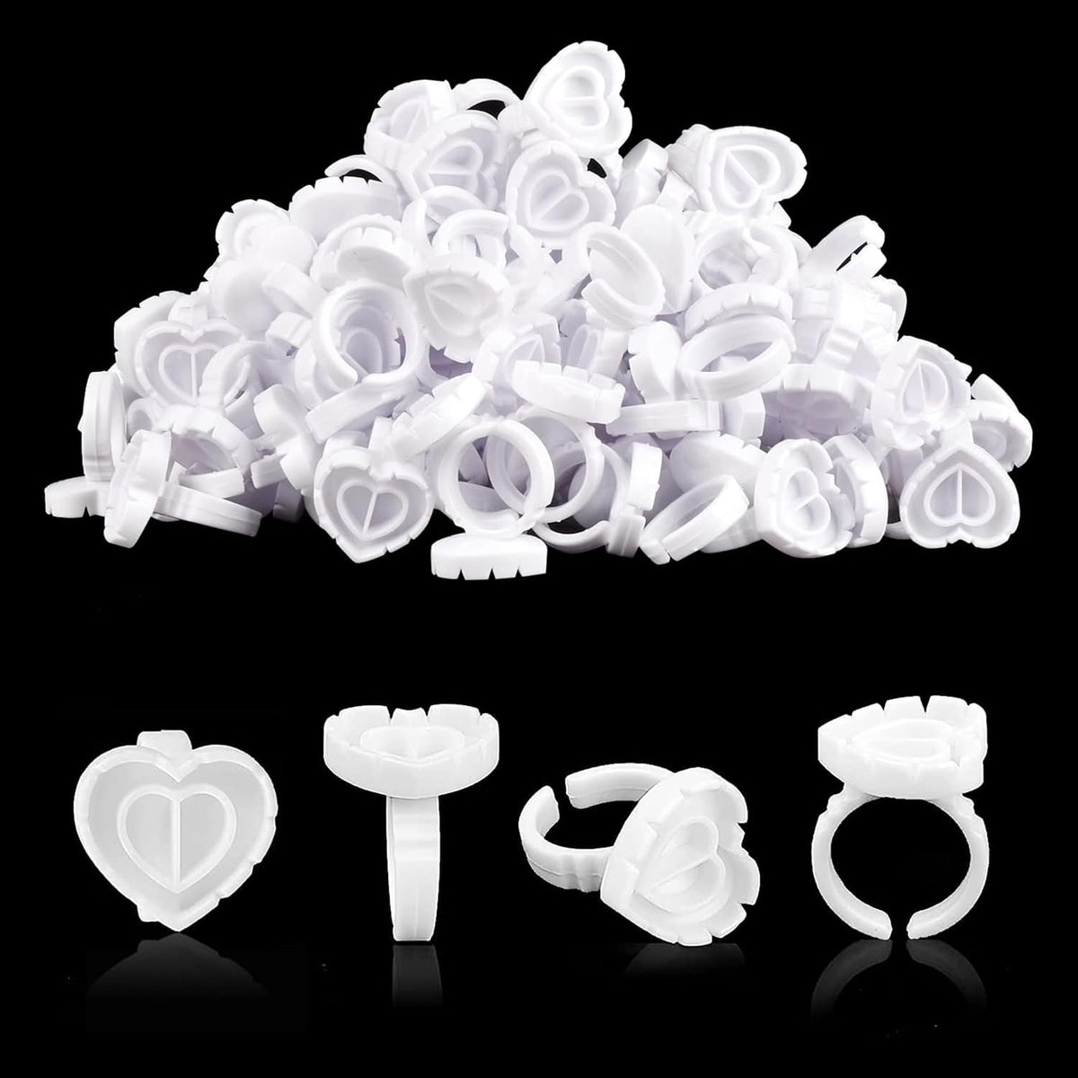 Glue Rings for Eyelash Extensions 100PCS Disposable Rings for Lashes Lovely Heart Shape, Makeup Plastic Nail Art Glue Cups Lash Extension Supplies for Eyelash Extensions White