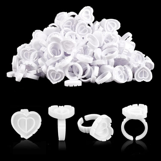 Glue Rings for Eyelash Extensions 100PCS Disposable Rings for Lashes Lovely Heart Shape, Makeup Plastic Nail Art Glue Cups Lash Extension Supplies for Eyelash Extensions White