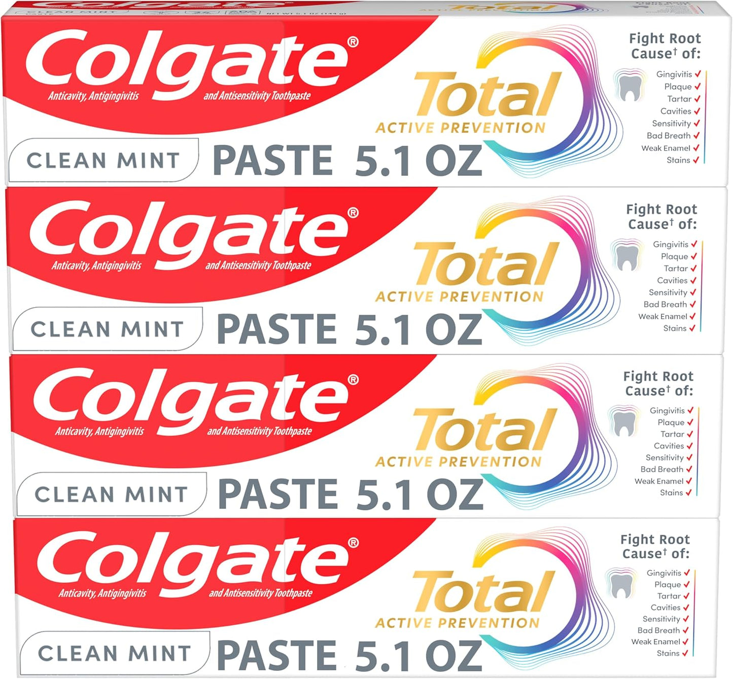 Total Active Prevention Clean Mint Toothpaste, Anticavity Fluoride Toothpaste, Clinically Proven Formula That Fights Plaque Bacteria, Mint, 4 Pack, 5.1 Oz