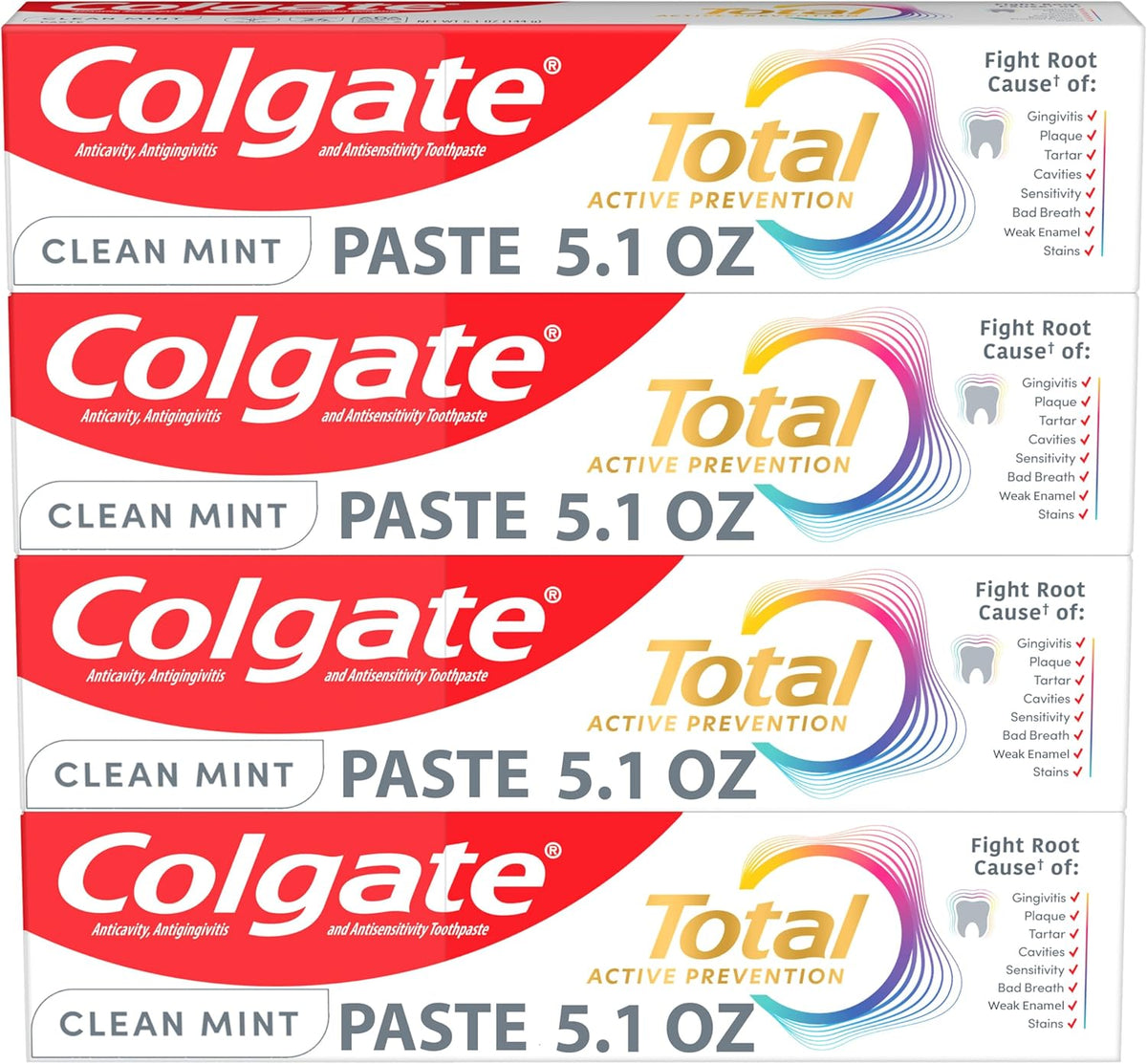 Total Active Prevention Clean Mint Toothpaste, Anticavity Fluoride Toothpaste, Clinically Proven Formula That Fights Plaque Bacteria, Mint, 4 Pack, 5.1 Oz